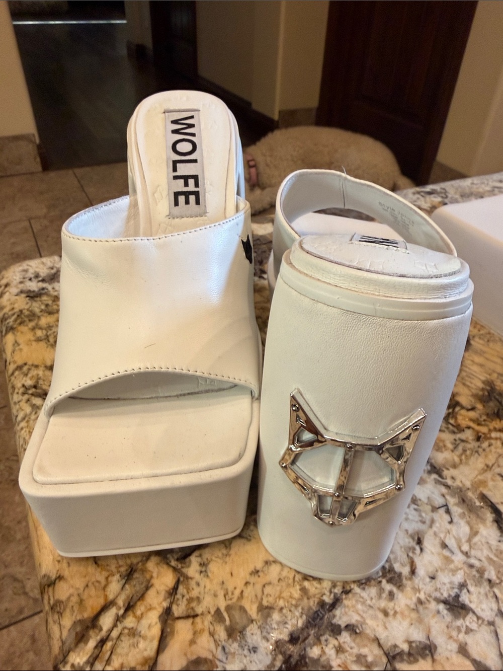 Naked Wolfe White Platform Slide Mules with Silver Fox Emblem